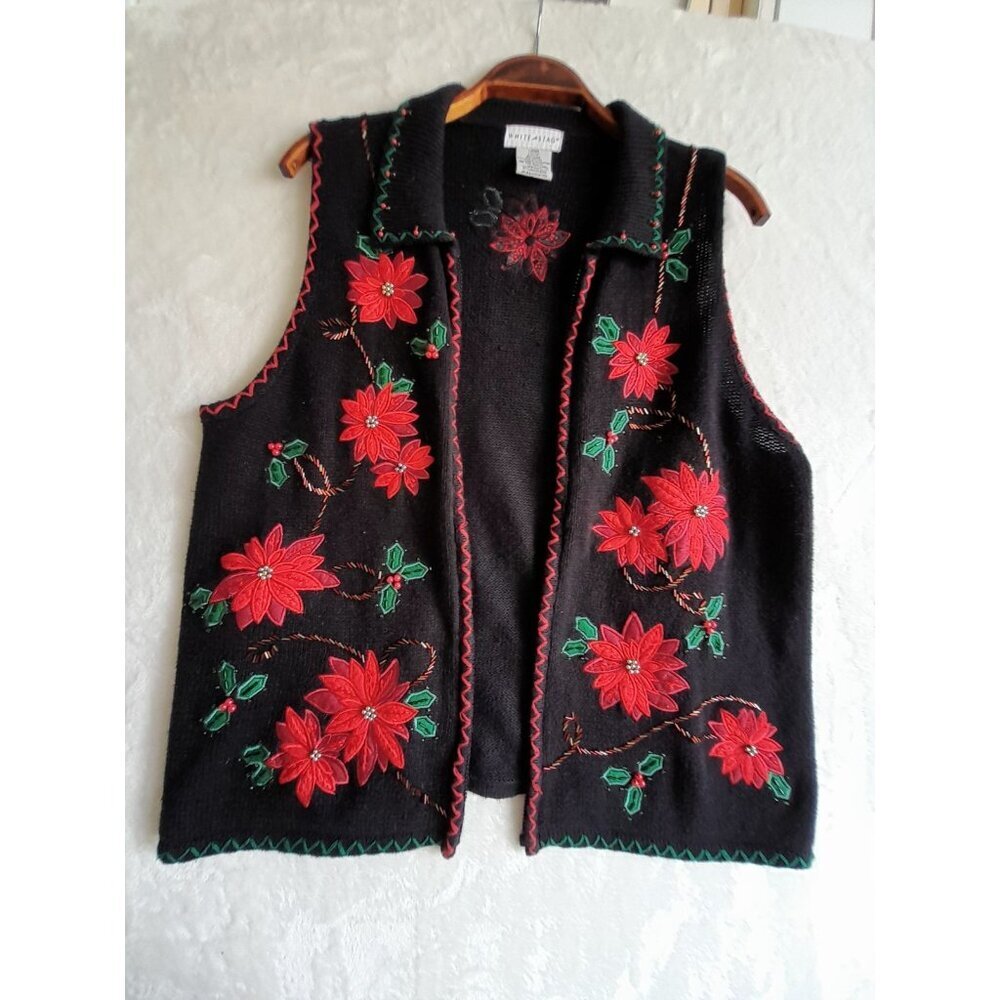 Vtg Womens Holiday Christmas Floral 3D Beaded Embroidered Sz Large Open Cardigan